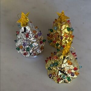 Set of 3 Gold and Silver-tone Ceramic Nostalgic Christmas Tree Ornaments